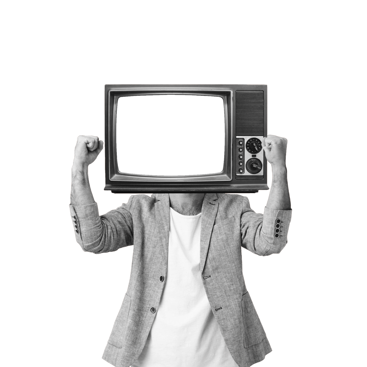 Man in a grey blazer cheering, with a vintage TV for a head showing a smiley face
